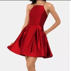 Betsy & Adam Red Satin Fit & Flare Halter Neck Mini Dress Pockets Size 14 EUC